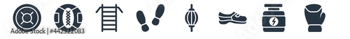 gym and fitness filled icons. glyph vector icons such as training gloves, supplement, sneakers, stretching punching ball, step, swedish wall, medicine ball sign isolated on white background.
