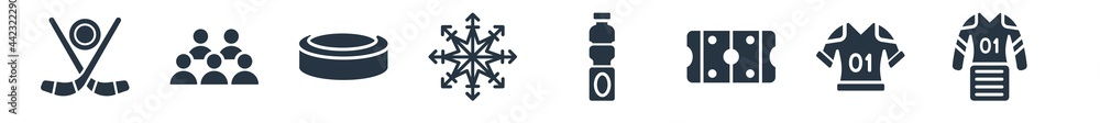 hockey filled icons. glyph vector icons such as commerce, armour, ice court, water bottle, snowflake, puck, audience sign isolated on white background. hockey filled icons. glyph vector icons such as commerce, armour, ice court, water bottle, snowflake, puck, audience sign isolated on white background.