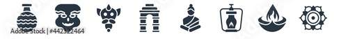 india and holi filled icons. glyph vector icons such as chakra, diwali lamp, oil lamp, buddha, gate of india, hanuman, kathakali sign isolated on white background.
