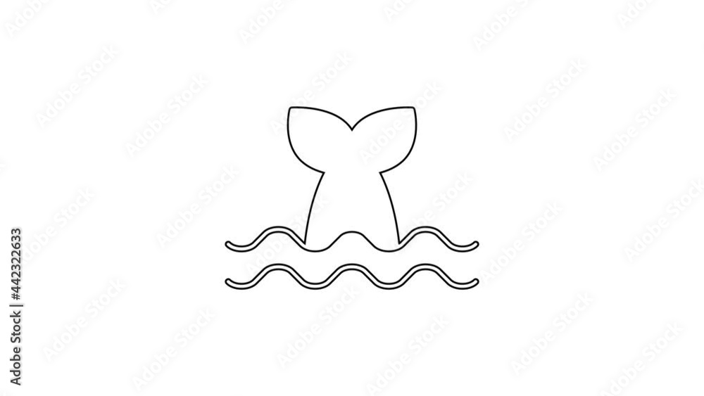 Black line Whale tail in ocean wave icon isolated on white background. 4K Video motion graphic animation Black line Whale tail in ocean wave icon isolated on white background. 4K Video motion graphic animation