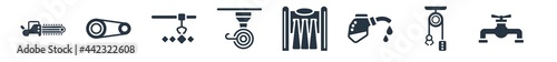 industry filled icons. glyph vector icons such as pipes, sheave, fuel filling, hydro power generation, uncoiler, machinery, timing belt sign isolated on white background.