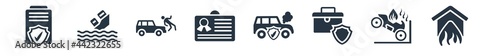 insurance filled icons. glyph vector icons such as fire insurance, motorcycle accident, baggage, engine problems, license, frontal crash, sinking sign isolated on white background.