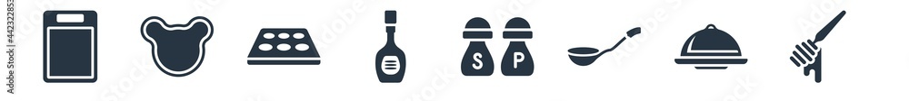 kitchen filled icons. glyph vector icons such as honey dipper, platter, ladle, salt and pepper, ketchup, muffin pan, cookie cutter sign isolated on white background. kitchen filled icons. glyph vector icons such as honey dipper, platter, ladle, salt and pepper, ketchup, muffin pan, cookie cutter sign isolated on white background.