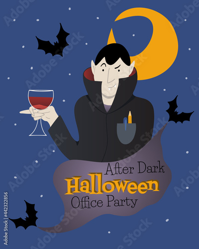 Halloween party invitation or poster with sneaky vampire with clerical in pocket holding a drink with bats around him in cartoon style. After Dark Halloween Office party.