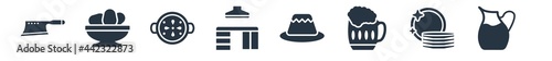 kitchen filled icons. glyph vector icons such as pitcher, dishes, beer, custard cup, kitchen cabinet, paella, eggs sign isolated on white background.