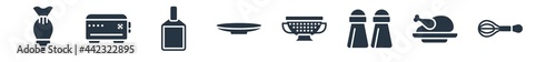 kitchen filled icons. glyph vector icons such as beater, broiler, spice jar, strainer, saucer, cutting board, toaster sign isolated on white background.