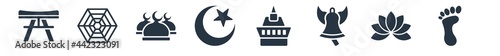 religion filled icons. glyph vector icons such as feet, buddhism, standing bell, wat saket, islam, abrahamic, pagan sign isolated on white background.