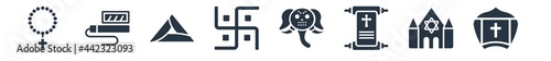 religion filled icons. glyph vector icons such as pope, synagogue, holy scriptures, ganesha, swastica, hamantaschen, tefilin sign isolated on white background.