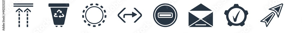 user interface filled icons. glyph vector icons such as cursor arrow, right settings, email envelope button, rounded delete button with minus, right turn, selectioned circle, recycling container user interface filled icons. glyph vector icons such as cursor arrow, right settings, email envelope button, rounded delete button with minus, right turn, selectioned circle, recycling container