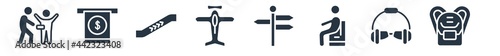airport terminal filled icons. glyph vector icons such as book bag with pockets, aeroplane pilot glasses, waiting for flight, direction post, old plane, escalator up, dollar bill from cash machine