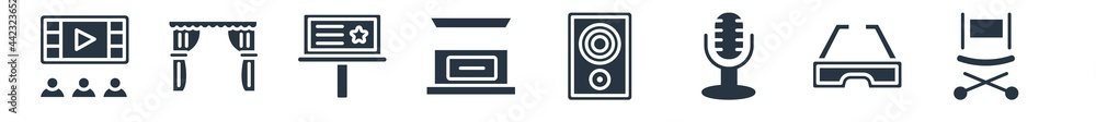 cinema filled icons. glyph vector icons such as director film chair, 3d glass, studio mic, loud woofer box, cinema snack bar, movie billboard, cinema curtains sign isolated on white background. cinema filled icons. glyph vector icons such as director film chair, 3d glass, studio mic, loud woofer box, cinema snack bar, movie billboard, cinema curtains sign isolated on white background.