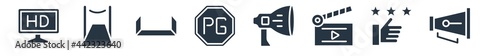 cinema filled icons. glyph vector icons such as cinematographic announcer, thumb up with star, movie clapper open, loud speaker facing right, parental guidance, 3d text, carpet sign isolated on