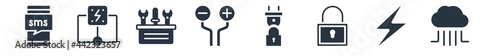 electrian connections filled icons. glyph vector icons such as cloud, electricity, security, privacy, wires, toolbox, scheme sign isolated on white background.