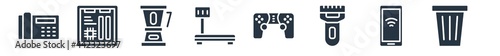 electronic devices filled icons. glyph vector icons such as garbage disposal, phones, trimmer, game controller, weighing, percolator, motherboard sign isolated on white background.
