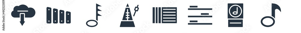 music and media filled icons. glyph vector icons such as crotchet, album, half rest, bold double bar line, metronome, thirty second note, marimba sign isolated on white background. music and media filled icons. glyph vector icons such as crotchet, album, half rest, bold double bar line, metronome, thirty second note, marimba sign isolated on white background.