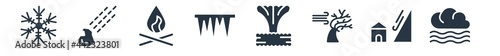 meteorology filled icons. glyph vector icons such as foggy, landslide and house, wind and bend trees, bomb explosion, icicle, woods on fire, space comet sign isolated on white background.