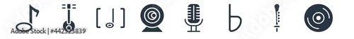 music and media filled icons. glyph vector icons such as dvd disc, oboe, flat, microphone voice recording, webcam video call, bracket, mandolin sign isolated on white background.