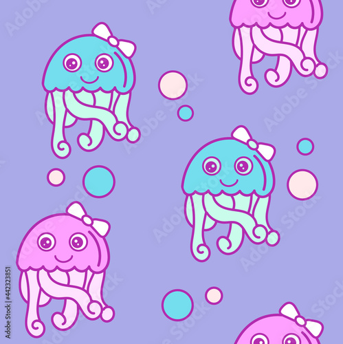 Kids jellyfish illustration. Marine seamless vector pattern