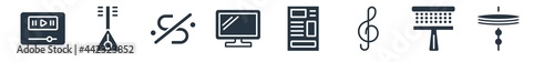 music filled icons. glyph vector icons such as cymbal, cabasa, treble clef, newspaper report, television screen off, segno, balalaika sign isolated on white background.