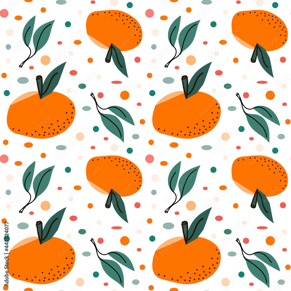 Vector Seamless pattern with tangerine, leaves and dots. Perfect for printing on the fabric, design package and cover, wrapping paper, market Vector Seamless pattern with tangerine, leaves and dots. Perfect for printing on the fabric, design package and cover, wrapping paper, market