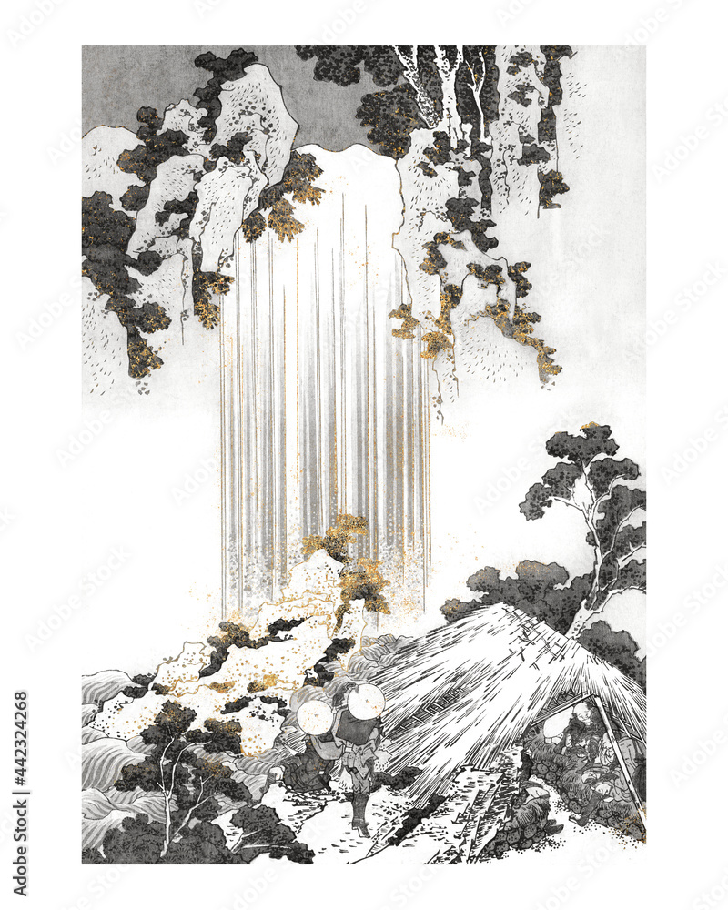 Φωτογραφία Vintage shiny golden Yoro waterfall illustration wall art print and poster design remix of original illustration by Hokusai