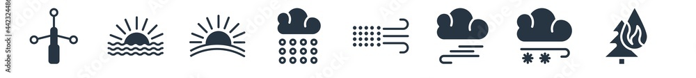 Fototapeta premium weather filled icons. glyph vector icons such as wildfire, snow storms, blanket of fog, sand storms, snowing, dawn, haze sign isolated on white background.
