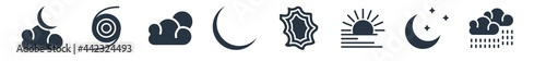 weather filled icons. glyph vector icons such as steady rain, starry night, foggy day, isobars, new moon, clouds and sun, gust sign isolated on white background.
