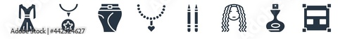 woman clothing filled icons. glyph vector icons such as rectangular?, fountain jar?, curling hair?, eyeliner pencils?, necklace?, skirt with slit and belt?, star pendant? sign isolated on white