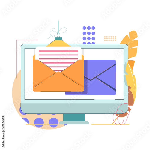 E mail service concept flat vector illustration. Email check up on laptop. Online communication, correspondence, social network. Message, letter with envelopes, notification. Internet advertisement.