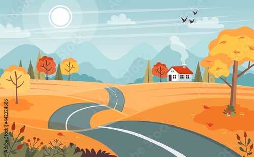 Autumn road. Landscape with mountains and hills. Vector illustration in flat style