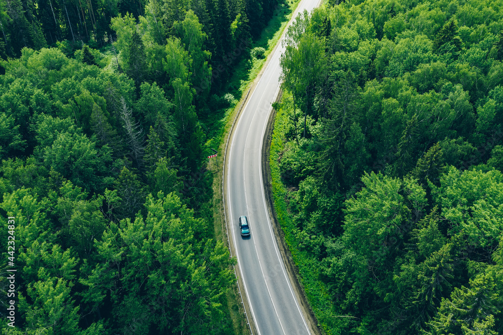 Aerial view of curved country road with cars and green summer woods.