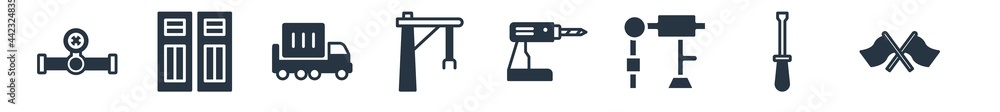 construction filled icons. glyph vector icons such as flags crossed, screwdrivers, adjusment system, electric drill, derrick with boxes, truck with load, big door sign isolated on white background. construction filled icons. glyph vector icons such as flags crossed, screwdrivers, adjusment system, electric drill, derrick with boxes, truck with load, big door sign isolated on white background.
