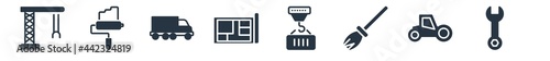 construction filled icons. glyph vector icons such as spanner, steamroller, sweeping broom, derrick with pallet, house plan, truck with freight, roller and paint sign isolated on white background.