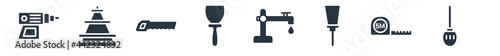 construction filled icons. glyph vector icons such as inclined shovel, five meters ruler, chisel, adjustment system, scraper, wood saw, road stopper sign isolated on white background.