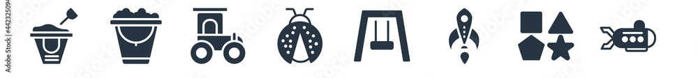 toys filled icons. glyph vector icons such as submarine toy, shapes toy, rocket toy, swing ladybug train bucket sign isolated on white background. toys filled icons. glyph vector icons such as submarine toy, shapes toy, rocket toy, swing ladybug train bucket sign isolated on white background.