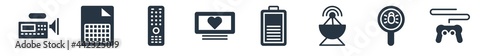 technology filled icons. glyph vector icons such as gamepad with cable, search bug, dish, battery level, heart in a screen, television remote control, spreadsheet sign isolated on white background.