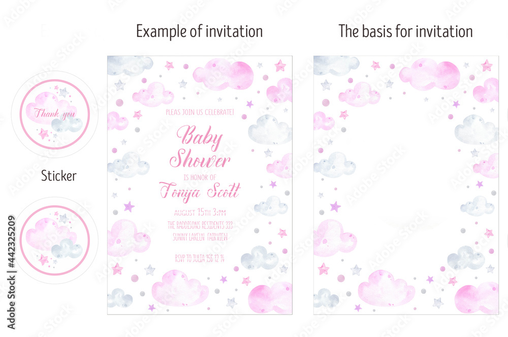 Pink clouds and stars invitation card layout watercolor. Dream, sky, flight. Cute baby sleeping, scandinavian. Girl invitation. Baby shower, birthday card. Welcome Baby; Hello Girl.