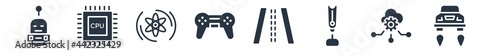 artificial intellegence filled icons. glyph vector icons such as hover transport, cloud intelligence, prosthesis, road, gaming, quantum computing, cpu sign isolated on white background.