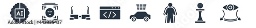 artificial intellegence filled icons. glyph vector icons such as field of view, chess, exoskeleton, solar energy car, code, ar monocle, face recognition sign isolated on white background.