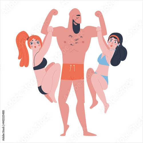 A bearded male athlete in underpants holds two slender girls in his arms. Two women in bathing suits hang from the man's biceps.