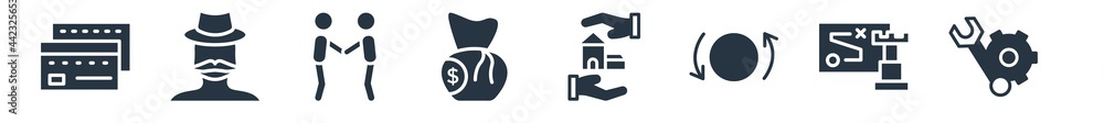 business filled icons. glyph vector icons such as tool button, strategic, currency exchange, home insurance, money sack, cooperate, fat man with hat and moustache sign isolated on white background. business filled icons. glyph vector icons such as tool button, strategic, currency exchange, home insurance, money sack, cooperate, fat man with hat and moustache sign isolated on white background.