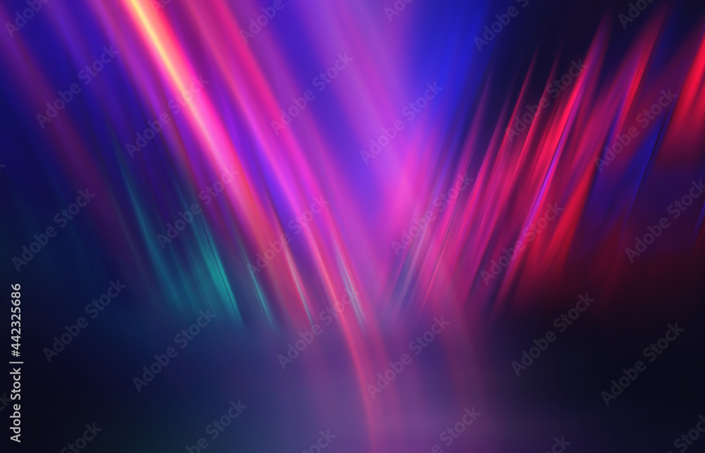 Neon abstract light rays on a dark background. Light effect, laser show, surface reflection. Ultraviolet radiation, nightclub. 3d illustration Neon abstract light rays on a dark background. Light effect, laser show, surface reflection. Ultraviolet radiation, nightclub. 3d illustration