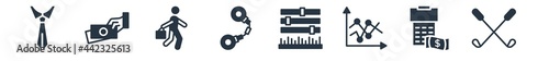 business filled icons. glyph vector icons such as golf sticks, tax calculate, lines, tones, punishment, employee going to work, give money sign isolated on white background.