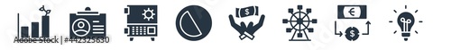 business filled icons. glyph vector icons such as round light bulb, money convert, big wheel, purpose of saving money, full circle, big safe, journalist id card sign isolated on white background.