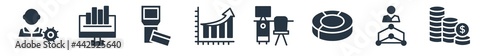 business filled icons. glyph vector icons such as stacks of coins, hierarchical order, pie chart with dollar, work table, graphic progression, reader, statistical chart sign isolated on white
