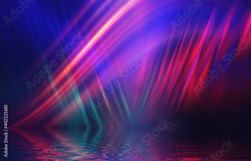 Abstract background. Neon multicolor light reflects off water. Beach party, light show. Blurry lights glisten on the surface. 3d illustration