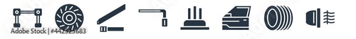 car parts filled icons. glyph vector icons such as car fog lamp, car trim, door, distributor cap, wheel brace, seat belt or safety belt, clutch sign isolated on white background.