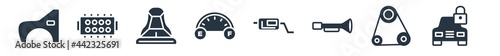 car parts filled icons. glyph vector icons such as car lock, car fan belt, horn, exhaust, fuel gauge, bucket seat, cylinder head sign isolated on white background.