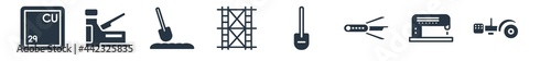 construction and tools filled icons. glyph vector icons such as metal saw, sanding machine, jackknife, spade, scaffolding, soil, staple gun sign isolated on white background.