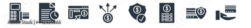 e commerce and payment filled icons. glyph vector icons such as card payment, payment security, bills, guaranty shield, broker, online order, waiting list sign isolated on white background.